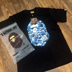 Bape Black Tee with Blue Camo Ape Head